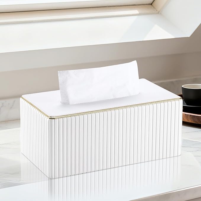 KINGFOM Rectangular Tissue Box Cover, PU Leather Tissue Box Holder with Magnetic Bottom, Napkin & Facial Tissue Holder Dispenser Decorative Box Cover for 120-count (3-Ply) 160-count (2-Ply) White