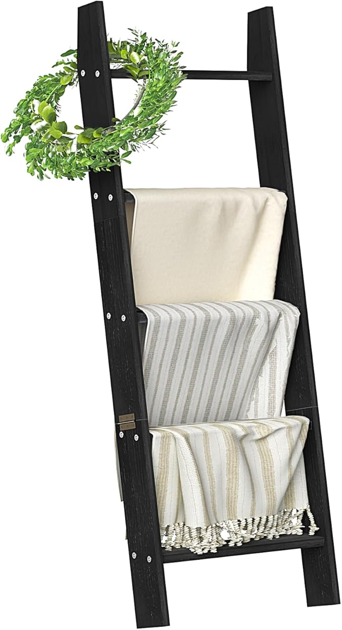 HONEST OUTFITTERS Blanket Ladders for The Living Room, 5-Tier Blanket Holder, Wall-Leaning Blanket Rack, Ladder Shelves, Wooden Quilt Ladder, Farmhouse Decor, Black