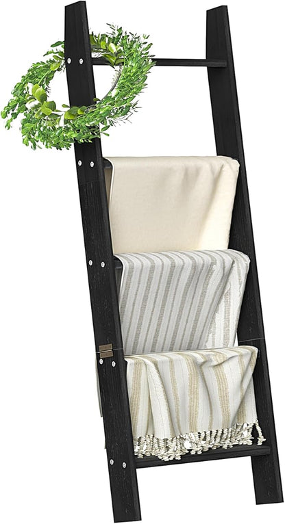 HONEST OUTFITTERS Blanket Ladders for The Living Room, 5-Tier Blanket Holder, Wall-Leaning Blanket Rack, Ladder Shelves, Wooden Quilt Ladder, Farmhouse Decor, Black