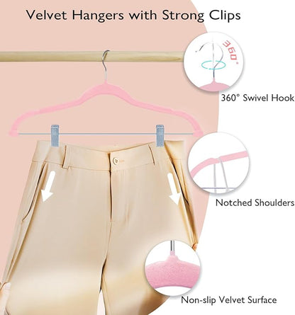 ManGotree Pants Hangers with Movable Clips, Non-Slip Velvet Skirt Hangers, Space-Saving Clothes Hangers for Pants, Skirts, Shirts, Coats, Dresses (18 Pack, Pink)