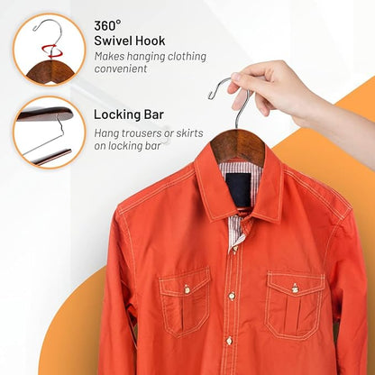 Wide Shoulder Wooden Suit Hangers with Non-Slip Pants Bar & 360° Swivel Hook - Smooth Finish Coat Hangers for Men and Women - Heavy Duty Clothes Hanger – Pack of 6