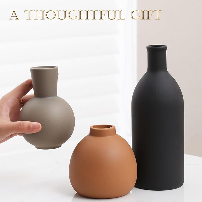 Ceramic Vase Set of 3 - Handcrafted Ceramic Vases for Home Decor & Shelf - Modern Farmhouse Decor for Kitchen, Office, Bedroom & Living Room Decorative Objects for Mantel, Table Centerpieces