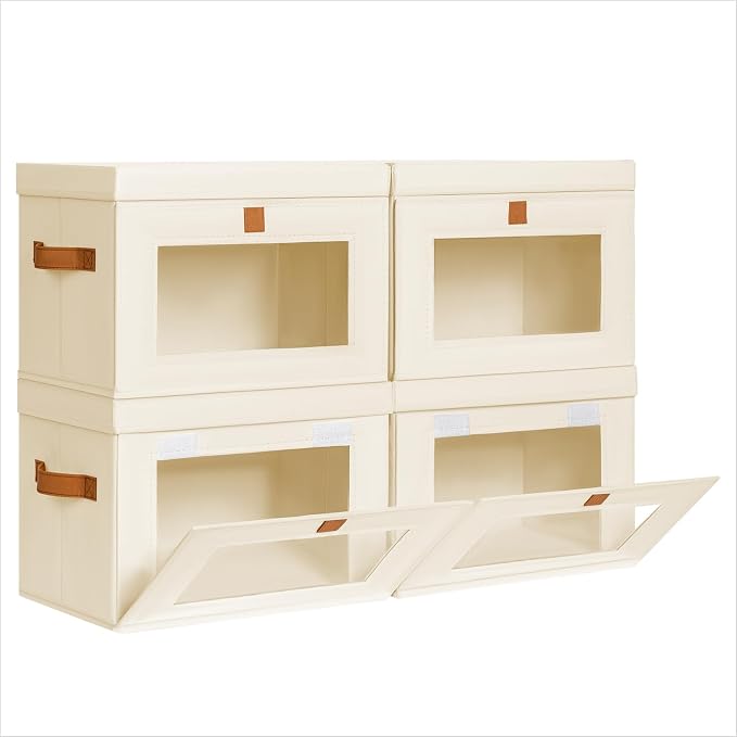 Homsorout Medium Fabric Storage bins - Collapsible Storage Bins with Open Window, 4 Pack Closet Baskets for Shelves, Stackable Decorative Boxes for Home, Dorm, Beige, 13.7"x 9.8" x 9.8"
