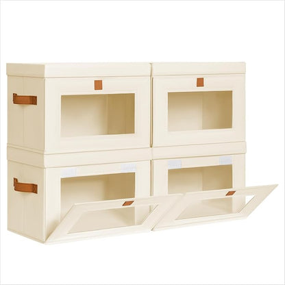 Homsorout Medium Fabric Storage bins - Collapsible Storage Bins with Open Window, 4 Pack Closet Baskets for Shelves, Stackable Decorative Boxes for Home, Dorm, Beige, 13.7"x 9.8" x 9.8"