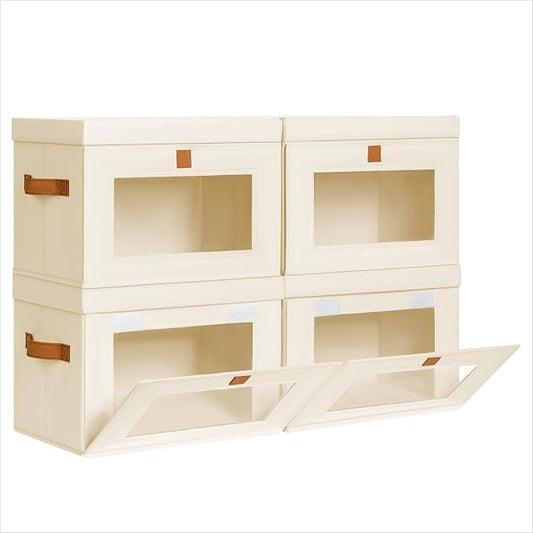 Homsorout Medium Fabric Storage bins - Collapsible Storage Bins with Open Window, 4 Pack Closet Baskets for Shelves, Stackable Decorative Boxes for Home, Dorm, Beige, 13.7"x 9.8" x 9.8"