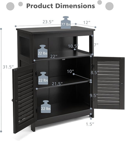 Tangkula Bathroom Floor Cabinet, Wooden Freestanding Storage Cabinet with Double Shutter Door & Adjustable Shelf, Storage Cabinet for Bathroom Living Room (Black)