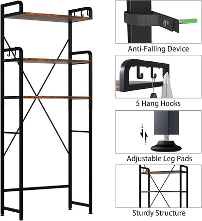 Huhote Over The Toilet Storage Rack with 3-Tier Bathroom Shelves, Space Saver Toilet Shelf, Bathroom Storage Organizer with Hooks for Over Toilet Storage and Shelf (Rustic Brown)