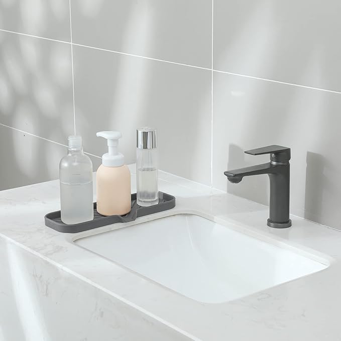 MicoYang Silicone Soap Dish with Drain Spout — Self-Draining Double Sink Organizer Tray for Kitchen & Bathroom, Dispensers, Sponges & Soap Holder, Non-Slip & Dishwasher Safe, Grey (Large, 12"×4")