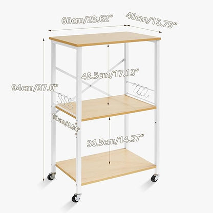 IBUYKE Kitchen Shelf Cart, 3-Tier Microwave Oven Stand, Baker’s Rack with Metal Frame and 8 Hooks, Industrial Printer Stand, Utility Standing Storage Shelf for Coffee Bar, Simple Assembly, TMJ023R