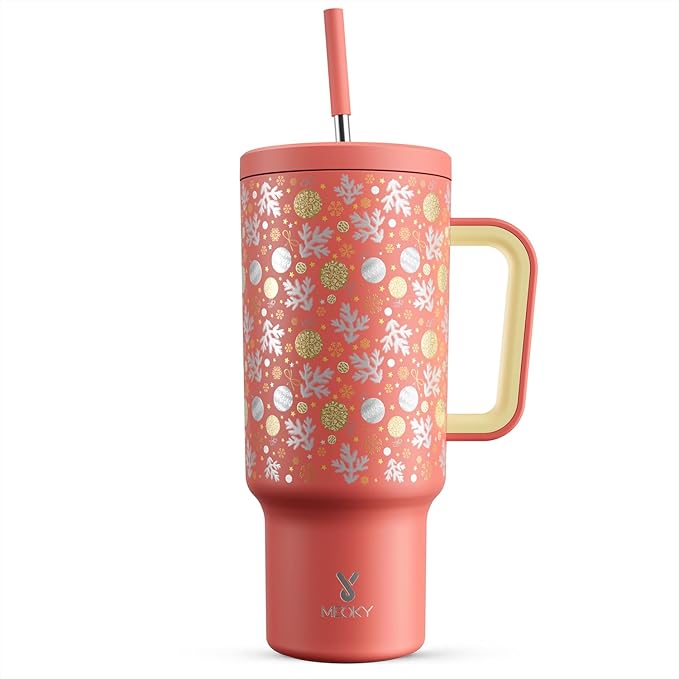 Meoky 40 oz Christmas Tumbler with Handle and Straw, Xmas Tumbler with Lid and Straw, Insulated Stainless Steel Travel Mug, Christmas Gifts for Women Men Adults (Merry Bells)
