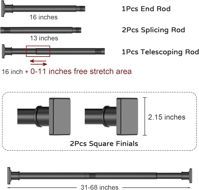 UIOSANRT Tension Shower Curtain Rod 31-68 Inches Non-Slip Shower Rod Tension Mounted No Drill Black Shower Curtain Rods Spring Tension Rod Adjustable Tension Curtain Rod for Windows Bathroom