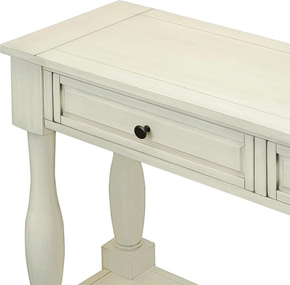 Knocbel 64 Inch Long Antique Entry Console Table with Drawers & Bottom Open Shelf, Solid Wood Sofa Couch Table for Entryway Hallway Living Room (Antique White)