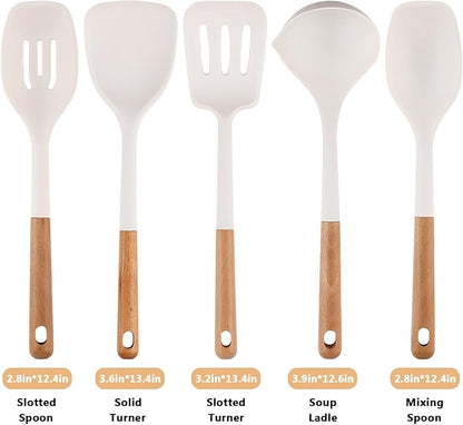 IOCBYHZ Silicone Cooking Utensils Set 5 Pcs Large Non-Stick Kitchen Utensils Set, Wooden Handle Heat Resistance Turner Soup Ladle Spoon Silicone Cooking Kitchen Gadgets BPA Free for Nonstick Cookware