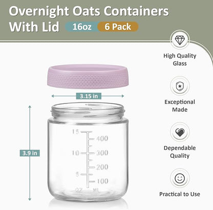 POIKSHARK 6-Pack Overnight Oats Containers with Lids, 16 OZ Wide Mouth Glass Jars with Airtight Lids, Mason Jars Glass Food Containers for Snack Spice Sugar Food Prep Yogurt
