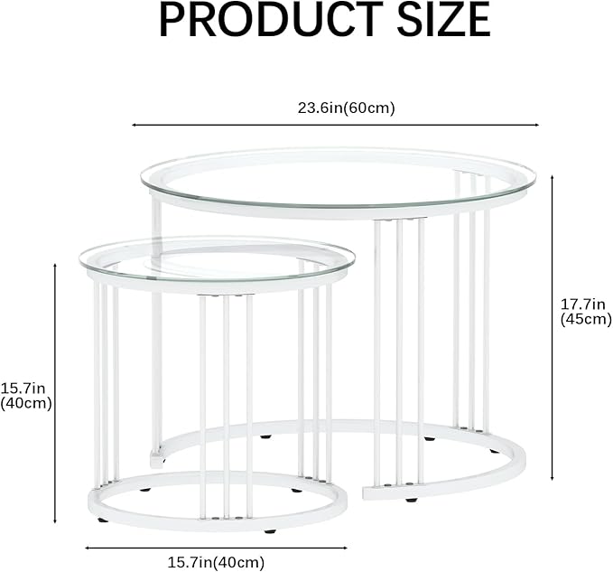 Garden 4 you Nesting Coffee Table, 23.6" Round Coffee Table Set of 2, Glass Nesting Table with Metal Frame, Ceter Tables for Living Room Bedroom Balcony, White