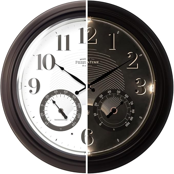 Presentime & Co 18" Illuminated in/Outdoor Clock with Smart Sensor and Night Light, Waterproof, Large Wall Clock with Thermometer & Hygrometer, for Garden and Patio - Oil Rubbed Bronze