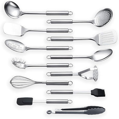 Berglander Cooking Utensil Set 12 Piece Stainless Steel Kitchen Tool Set, Include Cooking Spoon, Spatula, Whisk, Cooking Tong and etc (12 Pieces)