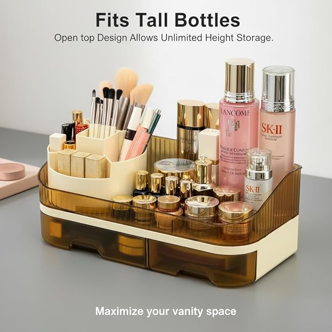 Makeup Organizer Countertop with Dual Drawers, Large Capacity Cosmetic Storage for Vanity Bathroom Skincare, 360° Rotating Makeup Brush Holder