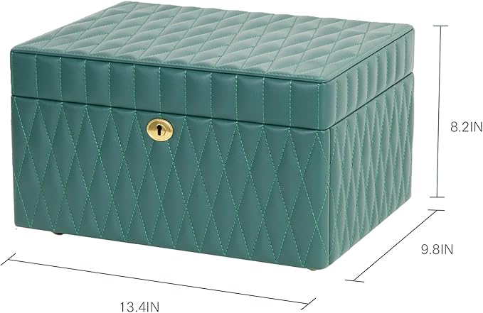 Genuine Leather Jewelry Box – 3 Layer Large Jewelry Organizer with Mirror, Lockable Jewelry Box for Women – Necklace, Ring, Earring Organizer with Drawer - Gifts(Green)