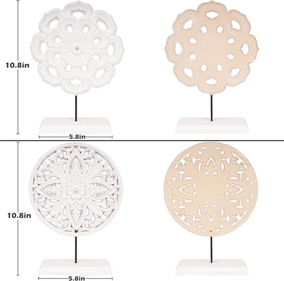AXEARTE 2 Pack Wooden Carved Cutout Flower Medallion Sculpture, Rustic Distressed White MDF Statues Home Tabletop Decor, Decorative Ornaments for Living Room, Bedroom, Office Desktop, Cabinets