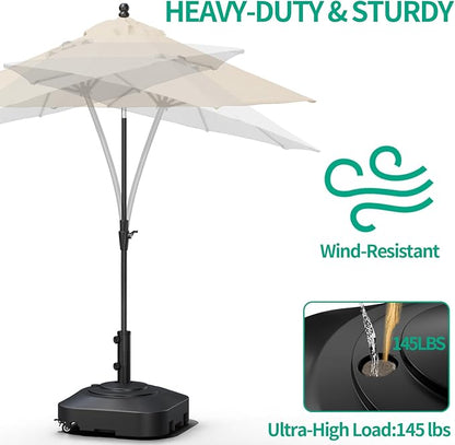 QZER Umbrella Base with 5 Wheels, Upgraded 145lb Umbrella Stand Base, Heavy Duty & Windproof, Fillable Umbrella Base Mobile Umbrella Outdoor for Patio, Deck, Poolside, Lawn, Fits Most Sized Umbrellas