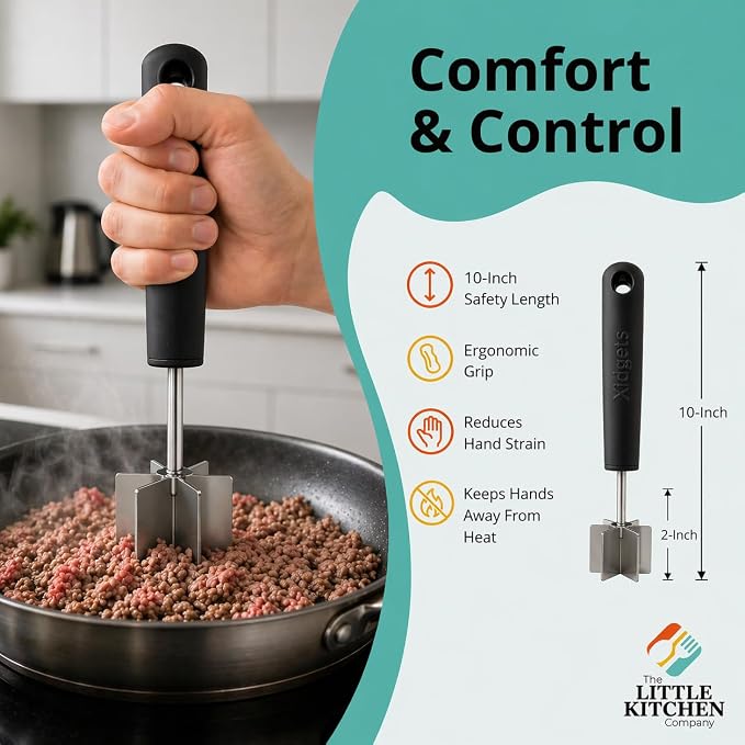 2pc Gift Set | Large Stainless Steel Meat Chopper & Masher | 6-Blade Ground Beef Chopper Tool & Mini Avocado Masher | Heat Resistant Grip | Dishwasher Safe (Midnight Plum/Zippy Green)