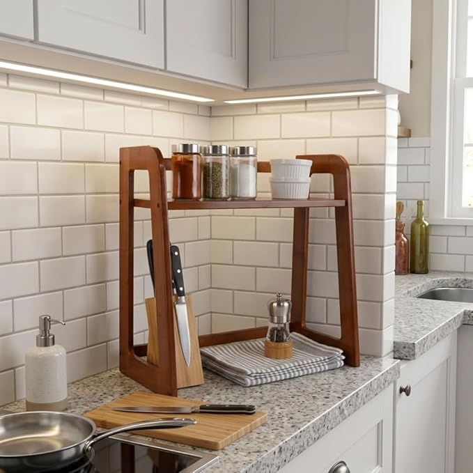 Natural Bamboo Coffee Station Organizer, 2-Tier Wooden Kitchen Counter Shelf for Bar Accessories, Multi-Functional Countertop Storage Rack for Syrup Bottles & Coffee Essentials (Dark Brown)