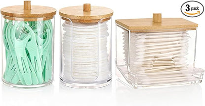 Tbestmax Bathroom Organizer Accessories Set-10 OZ Qtips Holder Storage with Bamboo Lids, Cotton Ball/Swabs Dispenser, Apothecary Container Jar 3 Pcs
