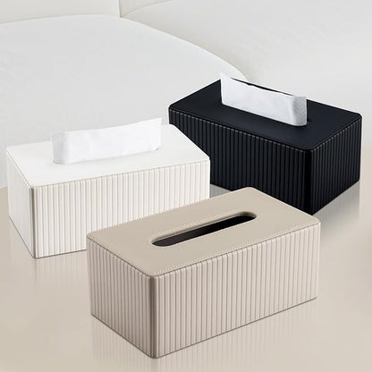 KINGFOM PU Leather Tissue Box Cover Rectangular Tissue Box Holder with Magnetic Bottom, Napkin & Facial Tissue Holder Dispenser for Home, Office (Decorative Pattern-PU Leather, Beige Stripe)