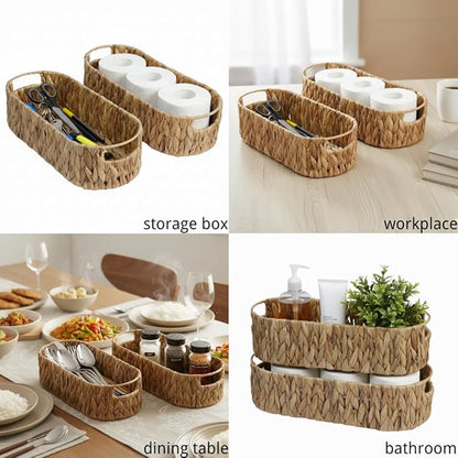 Toilet Paper Storage with Handles, Water Hyacinth Toilet Paper Holder, Storage Basket for Table, Shelves, Bathroom, Living Room, Gift Basket, Decor, 2 Packs (14.2" × 6.3" × 3.9")