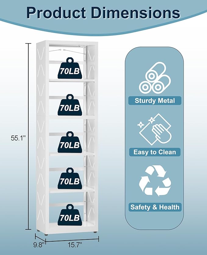 METALOONG 5-Tier Metal Bookshelf, Adjustable Bookcase with Anti-Tip Kit & Leveling Feet, Heavy-Duty Metal Storage Organizer, Modern Corner Shelves for Kitchen, Garage, Home Office