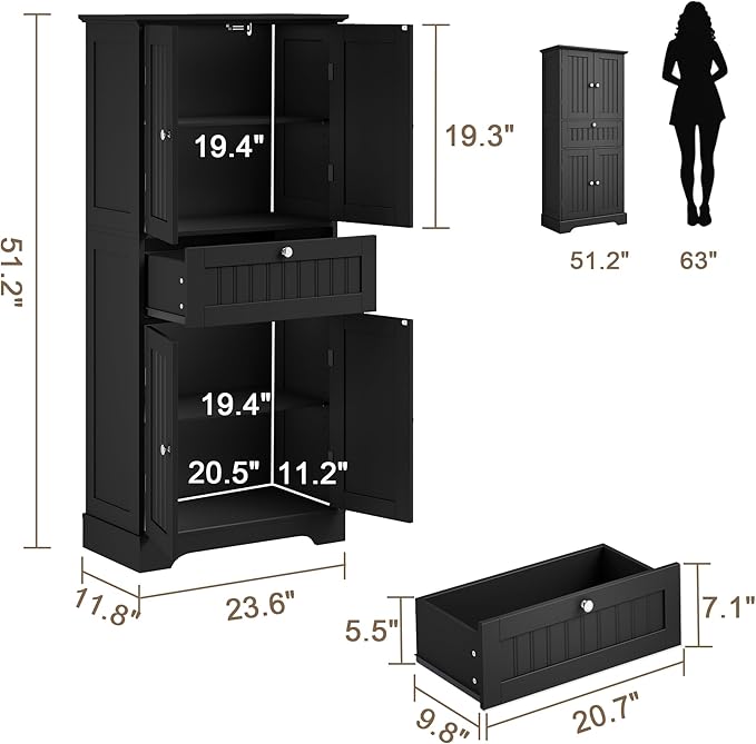 ChooChoo 51" H Tall Bathroom Floor Cabinet, Modern Bathroom Storage Cabinet with Drawer and Adjustable Shelves, Freestanding Kitchen Pantry Cupboard with 4 Doors for Living Room, Black