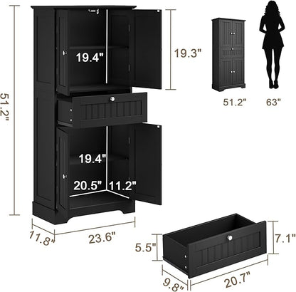 ChooChoo 51" H Tall Bathroom Floor Cabinet, Modern Bathroom Storage Cabinet with Drawer and Adjustable Shelves, Freestanding Kitchen Pantry Cupboard with 4 Doors for Living Room, Black