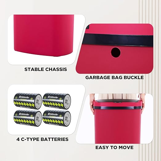 PayLessHere | 13 Gallon Plastic Trash Can | Red | Automatic Touchless Lid with Motion Sensor | Kitchen Garbage Can with Waterproof Design | for Home, Office, Bathroom | Pack of 1