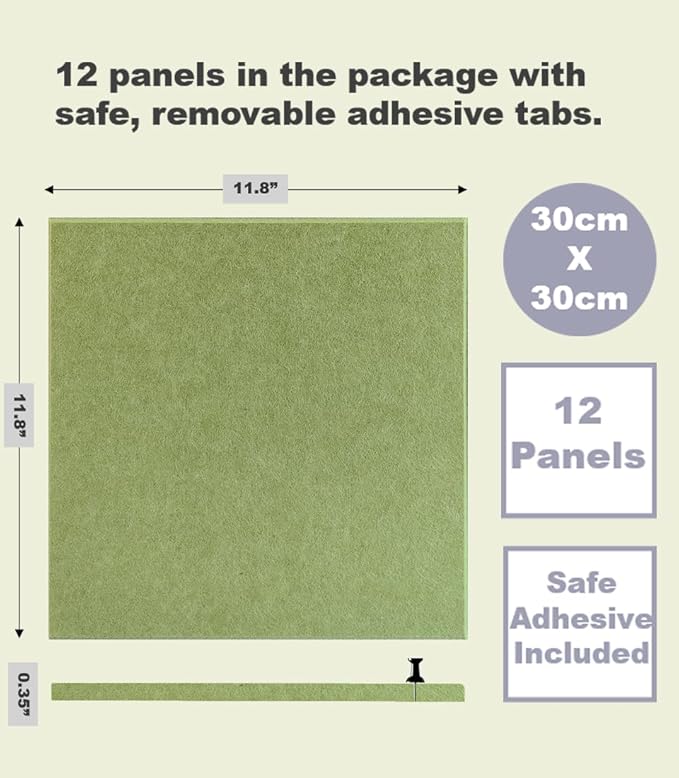 Felt Wall Tiles | Large Cork Board Alternative | Aesthetic Felt Bulletin Board for Office, Home & Classroom | Large Cork Boards for Walls Pinboard (12-Pack) | Spring Green