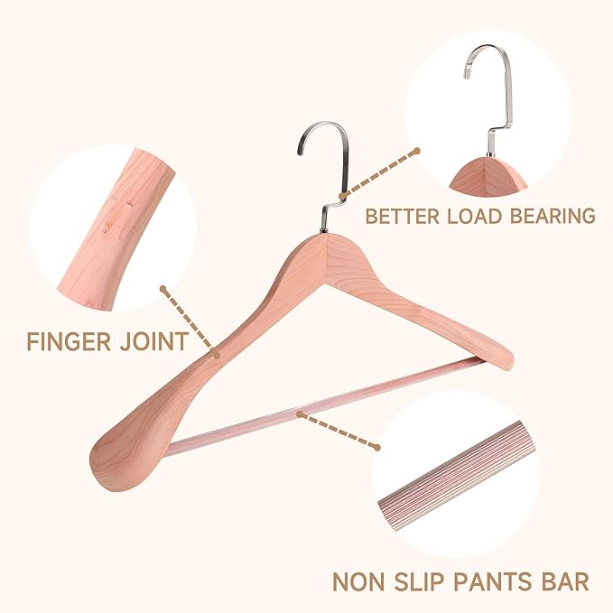 36-Pack Premium Wide Shoulder Wooden Suit Hangers, 17.5" Heavy-Duty Solid Wood Coat Hangers with Pant Bar for Men's Heavy Garments, Blazers, Jackets (Cedar Wood)