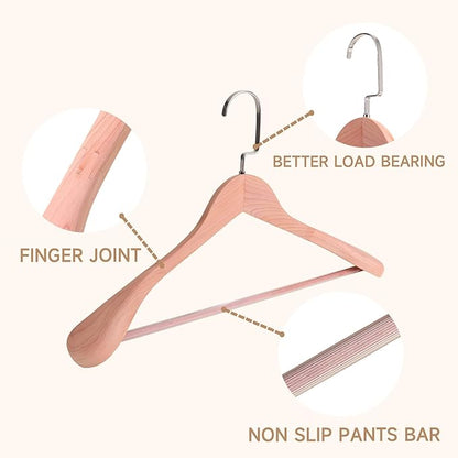 17.5" Wooden Suit Hangers with Non Slip Pants Bar, 6-Pack Wood Extra-Wide Shoulder Hangers with Flat-Head Hook for Suits, Coats, Jackets, Shirts, Pants, Heavy Clothes (Cedar Wood)
