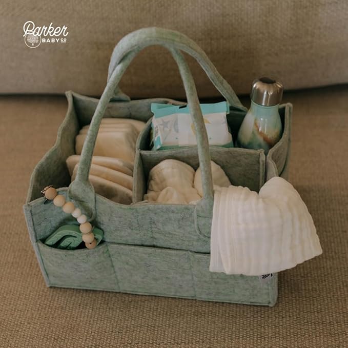 Parker Baby Diaper Caddy - Nursery Storage Bin and Car Organizer for Diapers and Baby Wipes - Sage Green, Regular