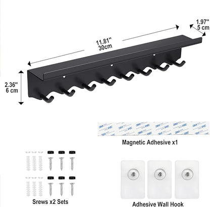 Key Holder Wall Mount, Magnetic Key Hooks and Mail Organizer Tray with 8 Hooks, Adhesive Key Rack Hanger for Entryway, Refrigerator, Black