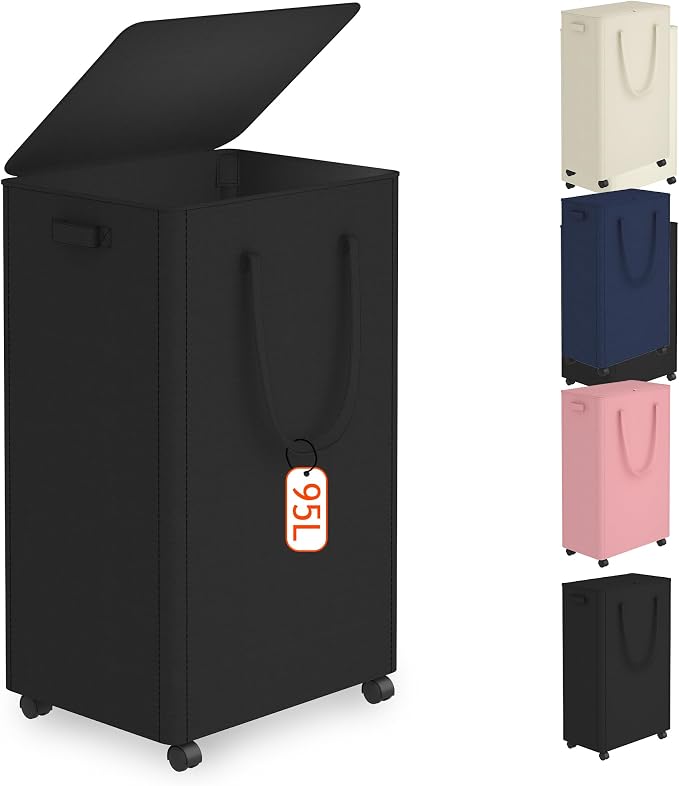 Slim Laundry Hamper with Wheels,25 Gal (95L) Rolling Laundry Basket with lid and wheels Clothes Hamper Foldable Tall Dirty Clothes Basket Sturdy Collapsible Clothes Hamper for Dorm,Laundry Room