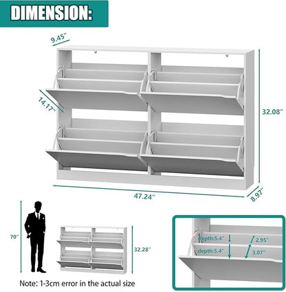 Xixini Shoe Storage Cabinet for Entryway with 4 Flip Drawers, Sturdy Wood Hidden Shoe Storage, Freestanding Narrow Slim Shoe Organizer for Front Door Entrance, Living Room, Hallway, Bedroom, White