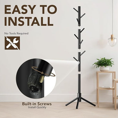 Hupmad Wooden Tree Coat Rack Stand,Sturdy Freestanding Coat Rack with 8 Hooks,3 Adjustable Height for Child Adult,Wood Coat Stand Tree Fits Entryway Bedroom Office for Bags,Hats