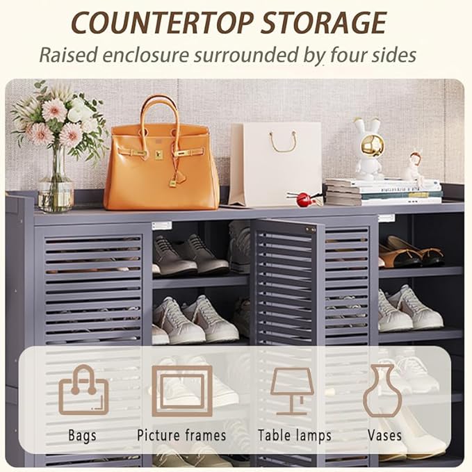 Bamboo Shoe Cabinet, 7-Tier Shoe Storage Cabinet with Doors, Freestanding Bamboo Shoe Rack Organizer with Shelves for Entryway, Hallway, Closet, Living Room