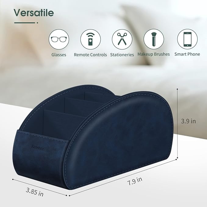 Large Remote Control Holder with 5 Compartments, KENOBEE Anti-slip Desktop Caddy Storage Organizer for Phone, Remote Controllers, Office Supplies, Makeup Brush, Media Accessories,Blue