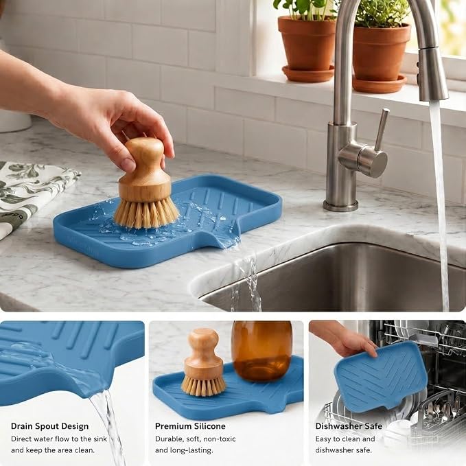 MicoYang Silicone Soap Dish with Drain Spout — Self-Draining Sink Organizer Tray for Bathroom & Kitchen, Sponges, Dispensers & Soap Holder, Non-Slip & Dishwasher Safe, Lichen Blue (Medium, 9.6"×5.3")