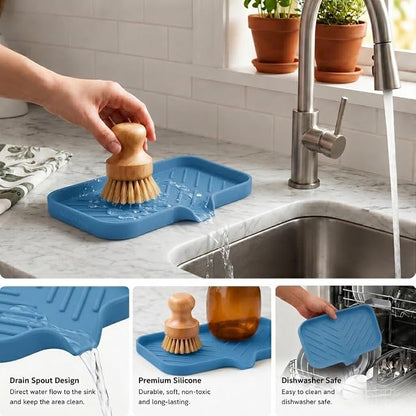 MicoYang Silicone Soap Dish with Drain Spout — Self-Draining Sink Organizer Tray for Bathroom & Kitchen, Sponges, Dispensers & Soap Holder, Non-Slip & Dishwasher Safe, Lichen Blue (Medium, 9.6"×5.3")