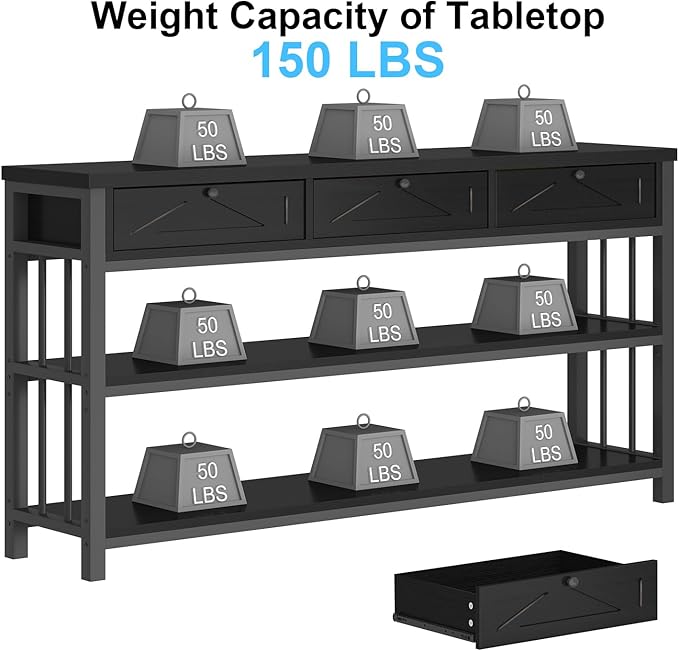 HSH Black Entryway Table with Drawers, 55” Sofa Table with Storage for Living Room, 3 Tier Console Tables with Shelves for Entrance, Wood Metal Entry Hallway Table Behind Couch, Black Oak, 55 Inch