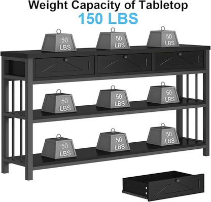HSH Black Entryway Table with Drawers, 55” Sofa Table with Storage for Living Room, 3 Tier Console Tables with Shelves for Entrance, Wood Metal Entry Hallway Table Behind Couch, Black Oak, 55 Inch