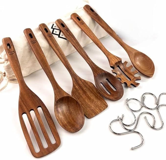 NHAF Wooden Utensils for Cooking, Premium Teak Healthy Spoons, Wooden Spoons for Cooking, Durable Eco-Friendly and Safe Teak Cooking Spoon, Cooking Gifts for Mom (set of 6) and Hooks