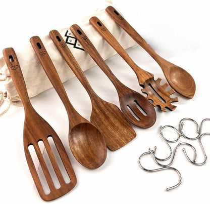 NHAF Wooden Utensils for Cooking, Premium Teak Healthy Spoons, Wooden Spoons for Cooking, Durable Eco-Friendly and Safe Teak Cooking Spoon, Cooking Gifts for Mom (set of 6) and Hooks
